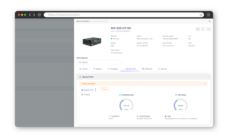 BECentral® Real-time Speed and Latency Testing Freature Screen Shot