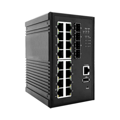BEC ES4016GP-4SFP industrial managed PoE+ switch with 16 Gigabit ports and 4 SFP uplinks in DIN-rail rugged enclosure