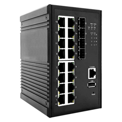 BEC ES4016GP-4SFP industrial managed PoE+ switch with 16 Gigabit ports and 4 SFP uplinks in DIN-rail rugged enclosure