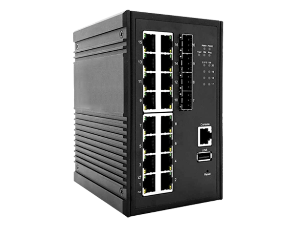 BEC ES4016GP-4SFP industrial managed PoE+ switch with 16 Gigabit ports and 4 SFP uplinks in DIN-rail rugged enclosure