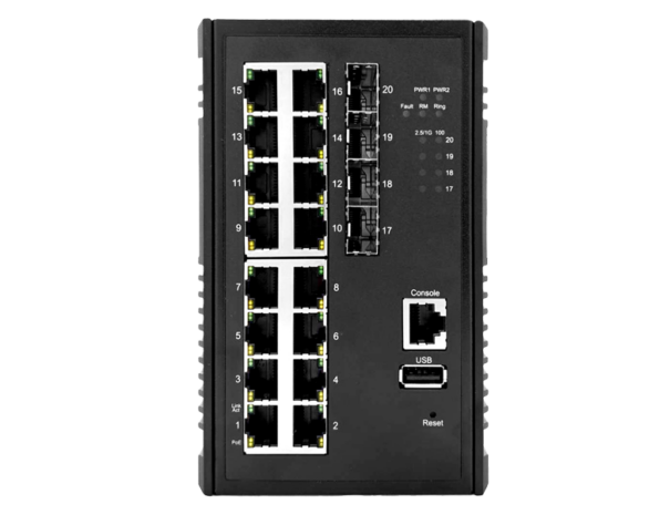 BEC ES4016GP-4SFP industrial managed PoE+ switch with 16 Gigabit ports and 4 SFP uplinks in DIN-rail rugged enclosure