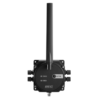 BEC FS-1000 industrial IoT wireless sensor node with antenna in rugged IP68 enclosure for outdoor deployments