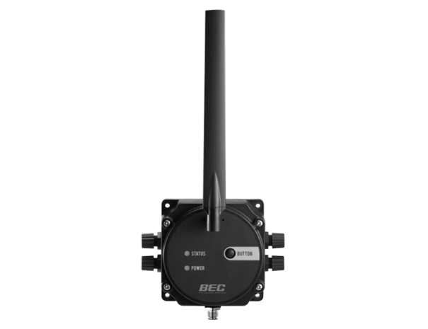 BEC FS-1000 industrial IoT wireless sensor node with antenna in rugged IP68 enclosure for outdoor deployments